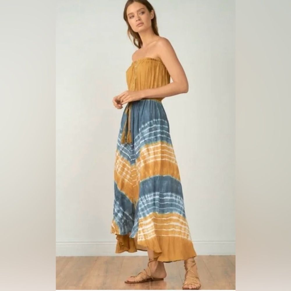 New Elan The Macedonia Mustard Blue Tie Dye Strapless Boho Maxi Dress M
